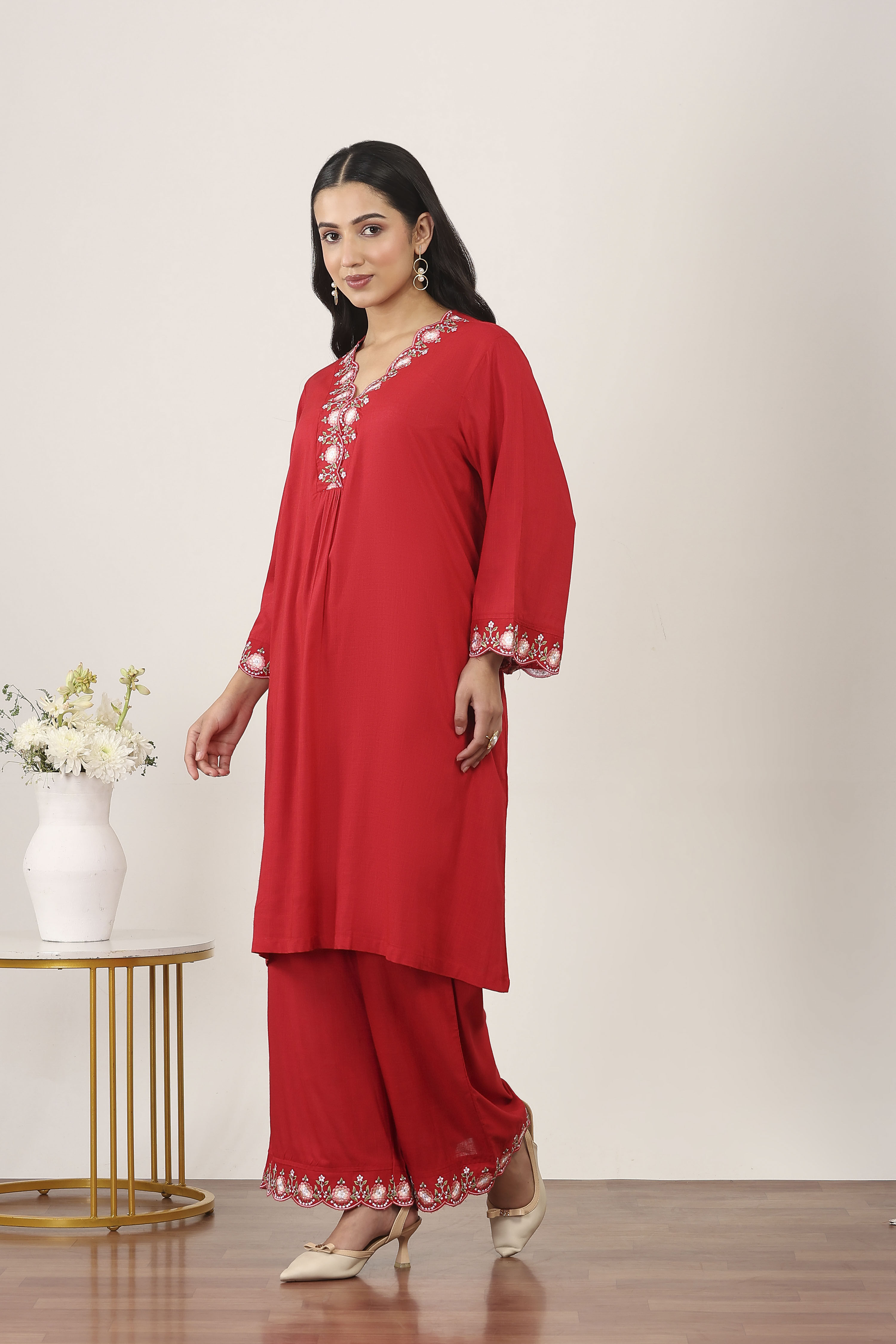 Red Rayon Viscose Rayon Kurta Pants Set image number 3