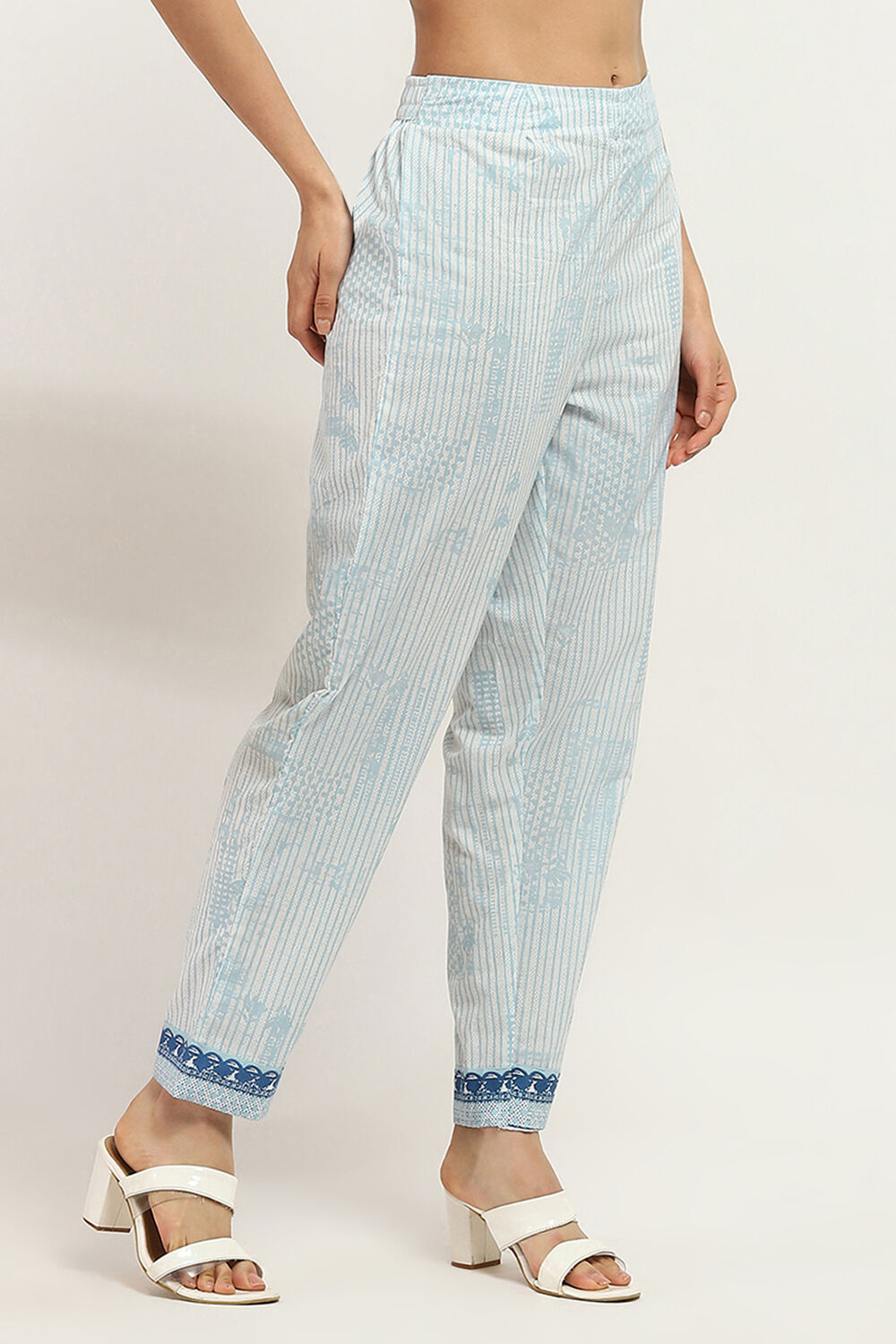 White and Blue Cotton Printed Regular Pants image number 3