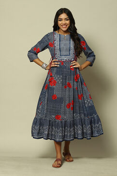 Indigo Blue LIVA Kalidar Printed Dress image number 5