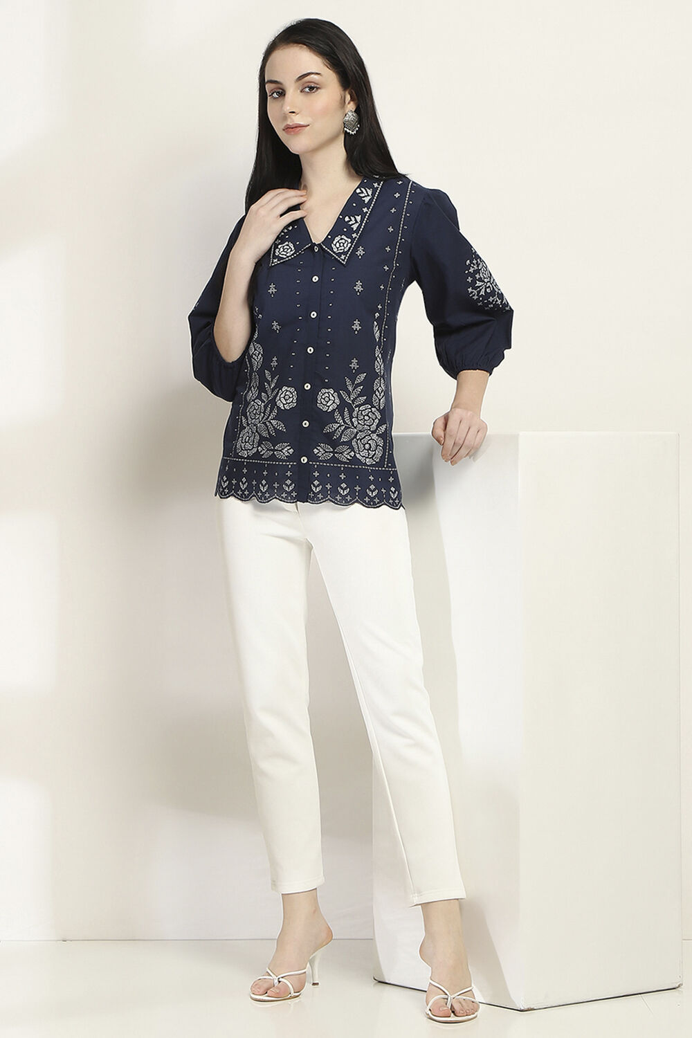 Navy Blue Printed Straight Shirt-Style Indie Top image number 0