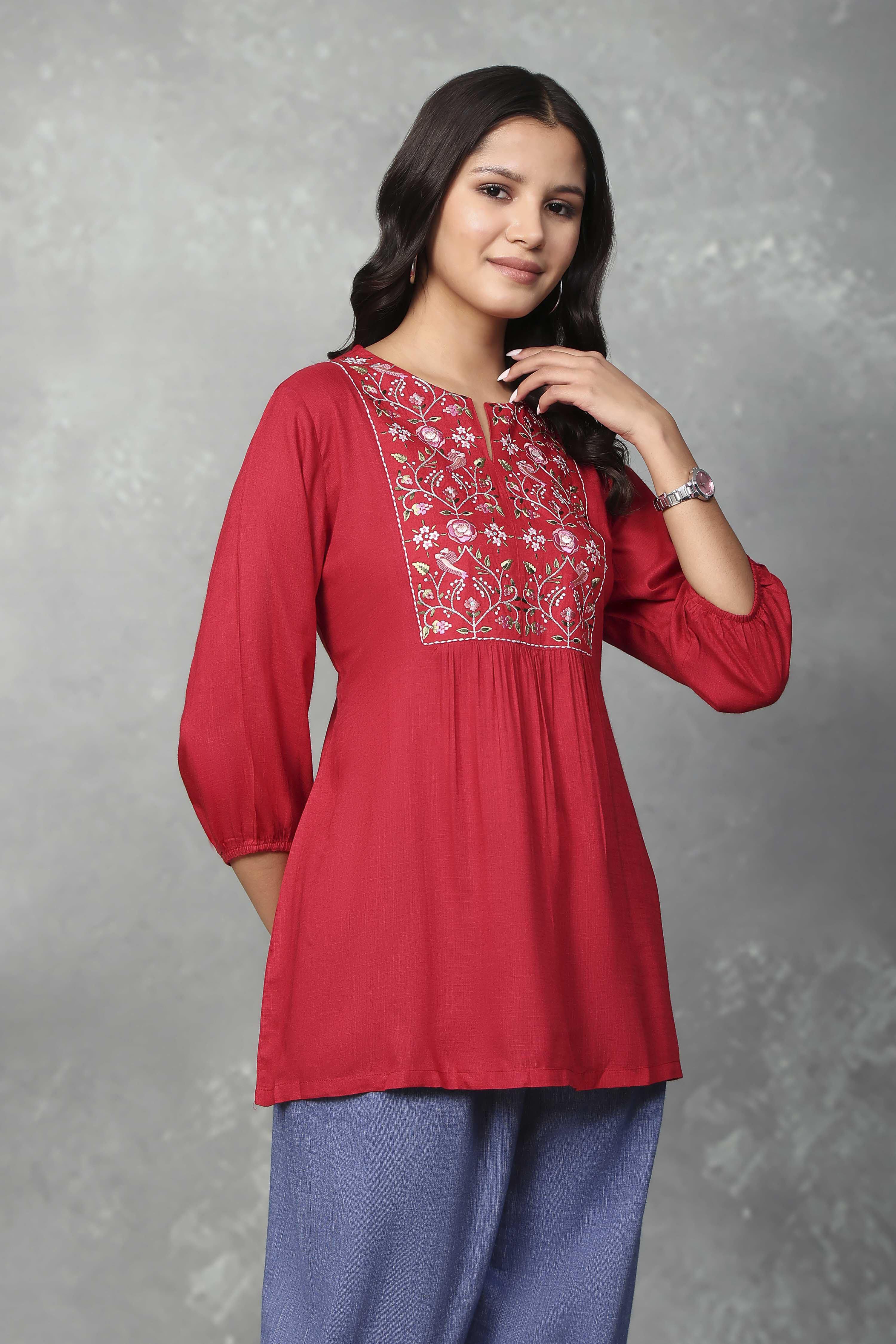 Red Rayon Straight Tops image number 4