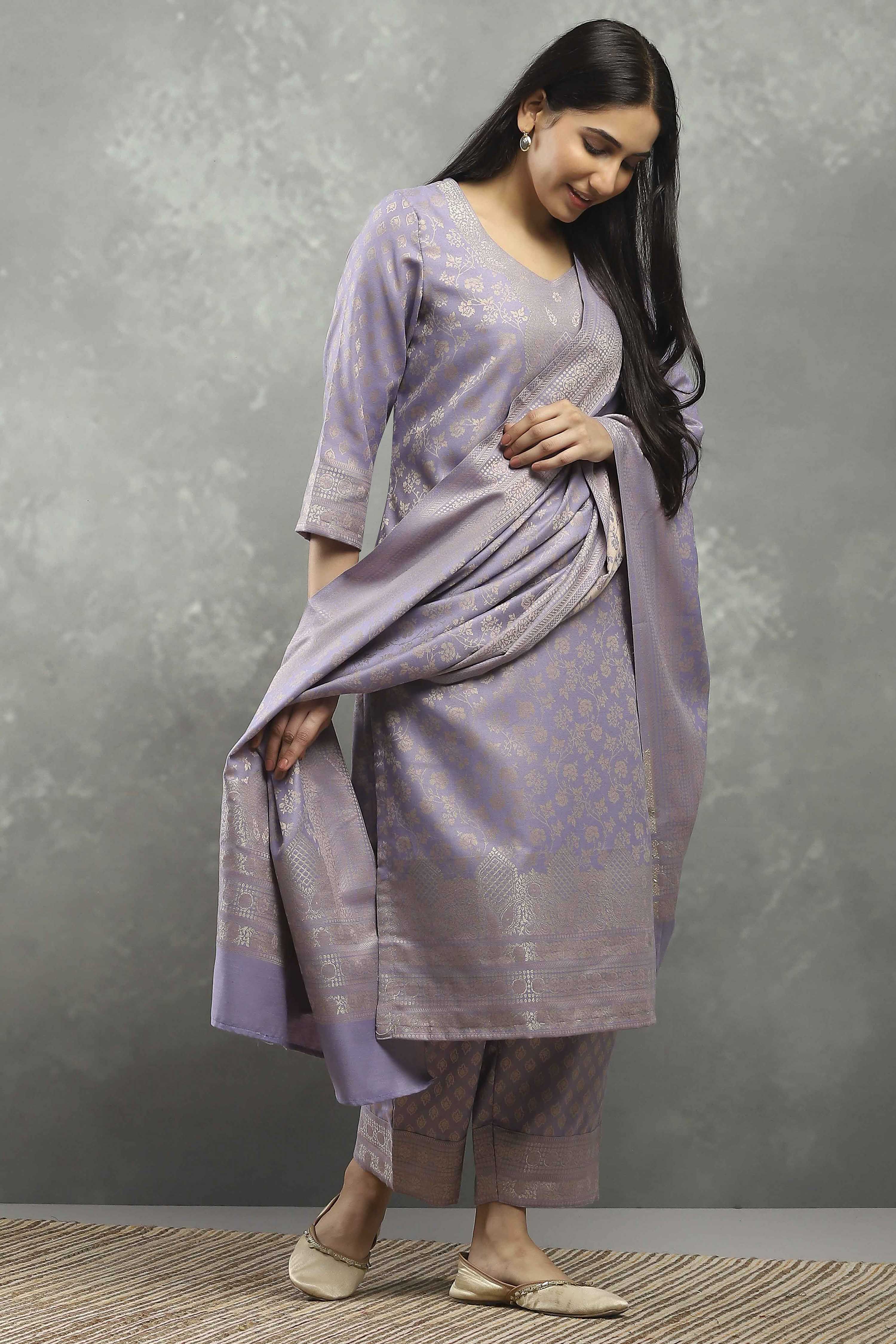 Mauve Polyester Yarndyed Straight Suit Set image number 5