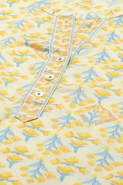 White & Yellow Cambric Printed Straight Kurta image number 1