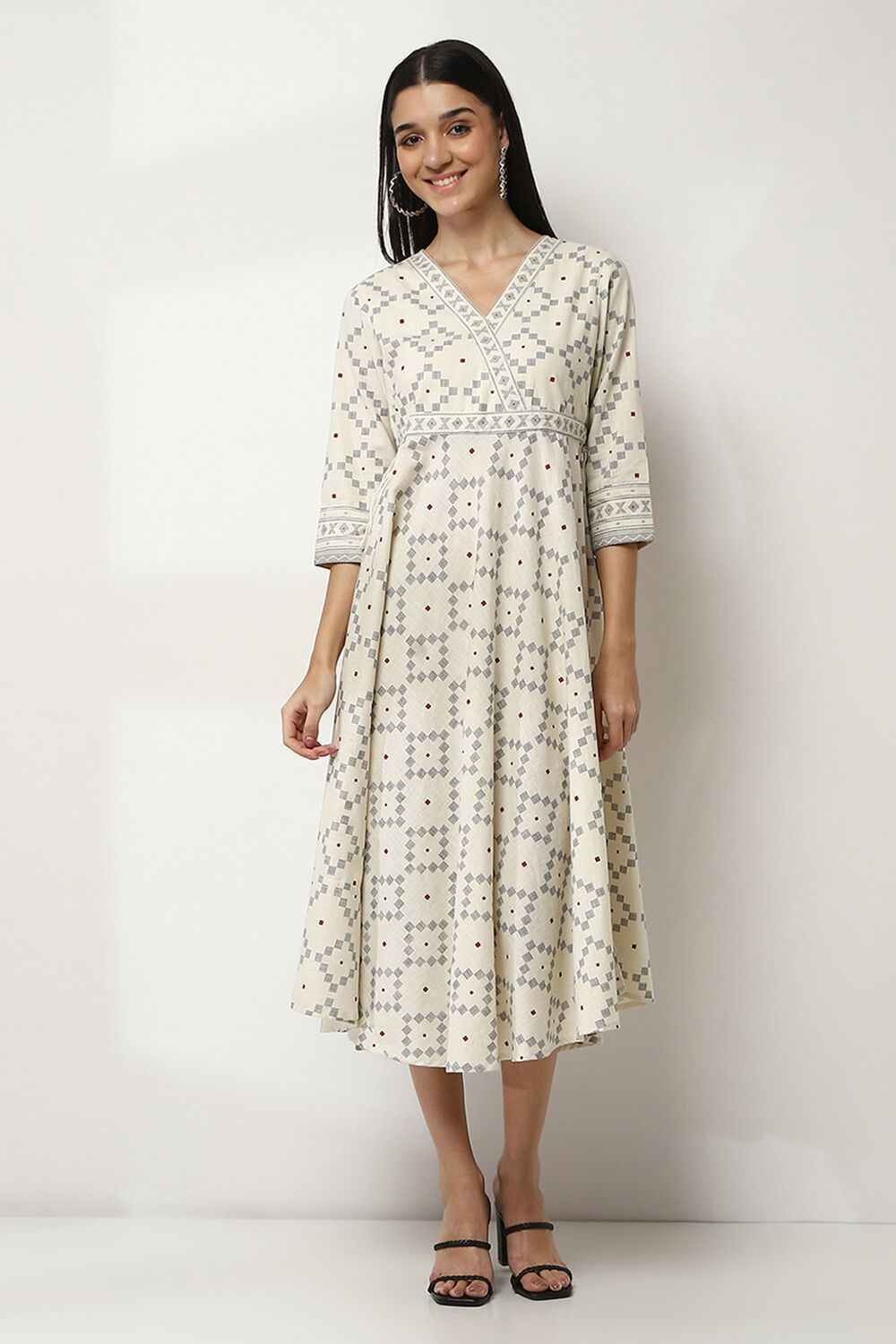 Off-White Cotton Printed Flared Dress image number 5