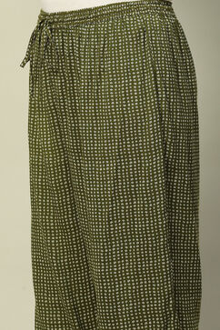 Olive Green Viscose Printed Pleated Straight Suit Set image number 2
