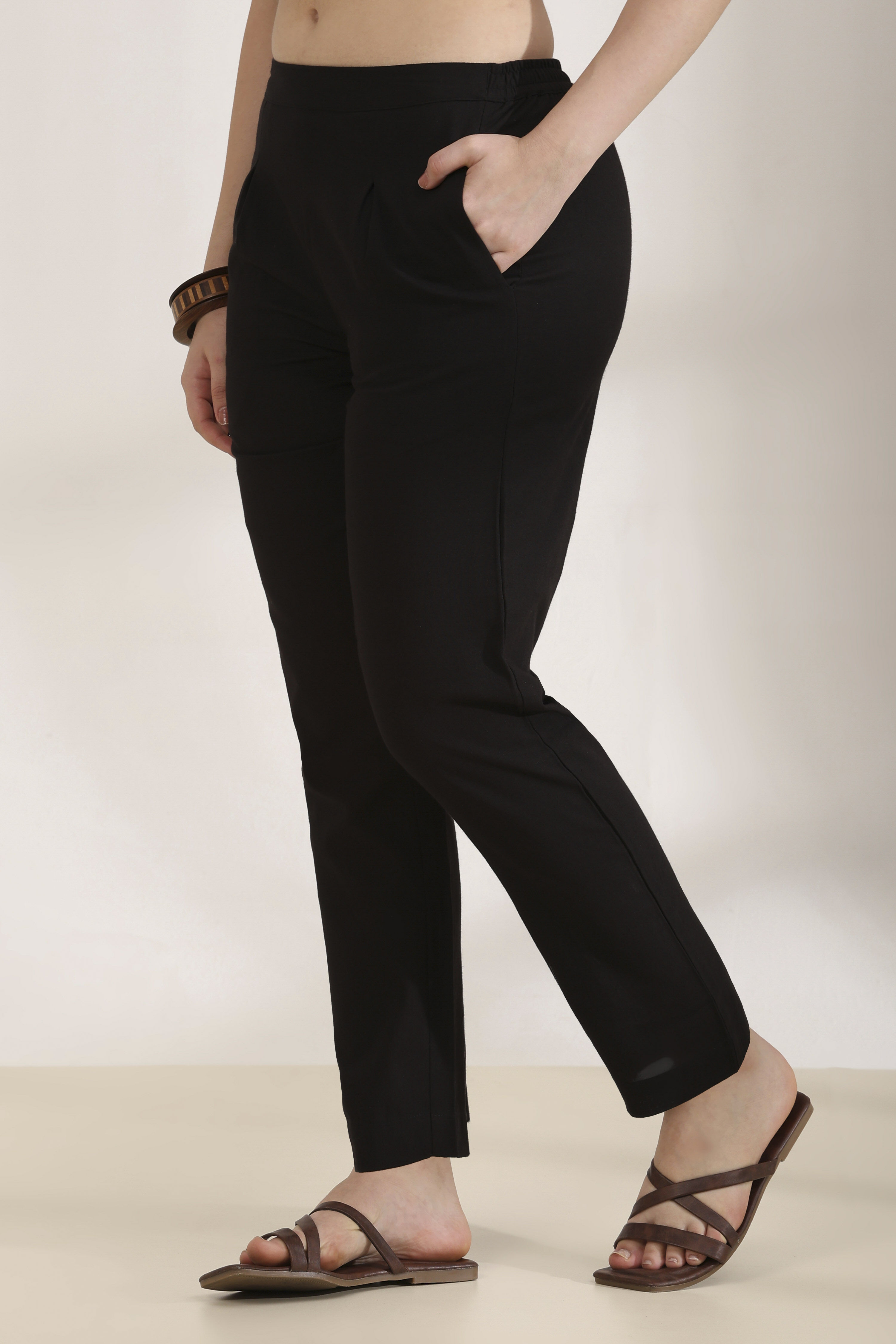 Black Cotton Blend Straight Pants image number 2