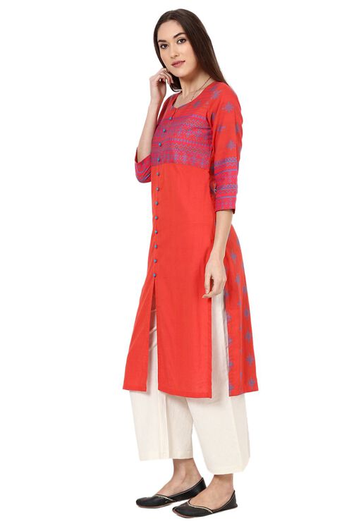 Orange Straight Poly Cotton Kurta image number 5
