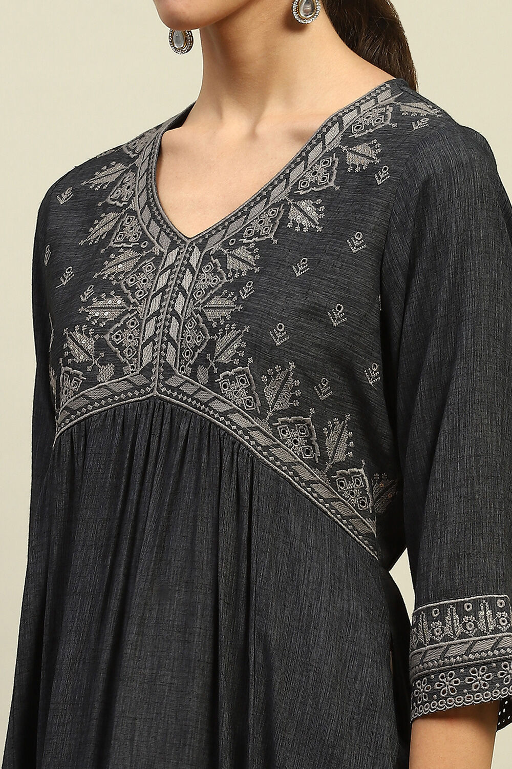 Black Viscose Blend Gathered Embroidered Kurta Palazzo Suit Set image number 1