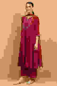 Red Viscose Blend Embroidered Flared Suit Set image number 3