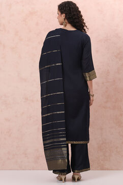 Navy Blue Art Silk Straight Suit Set image number 4
