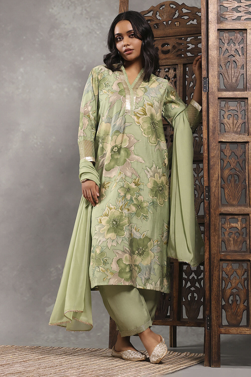 Mustard Viscose Blend Printed Straight Suit Set image number 0