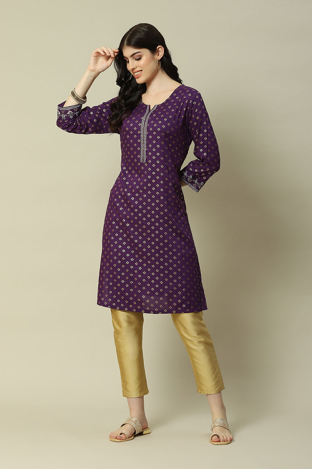 Purple LIVA Straight Printed Kurta image number 0