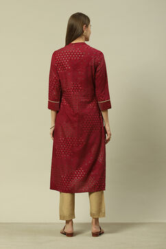 Red LIVA Straight Printed Kurta image number 3