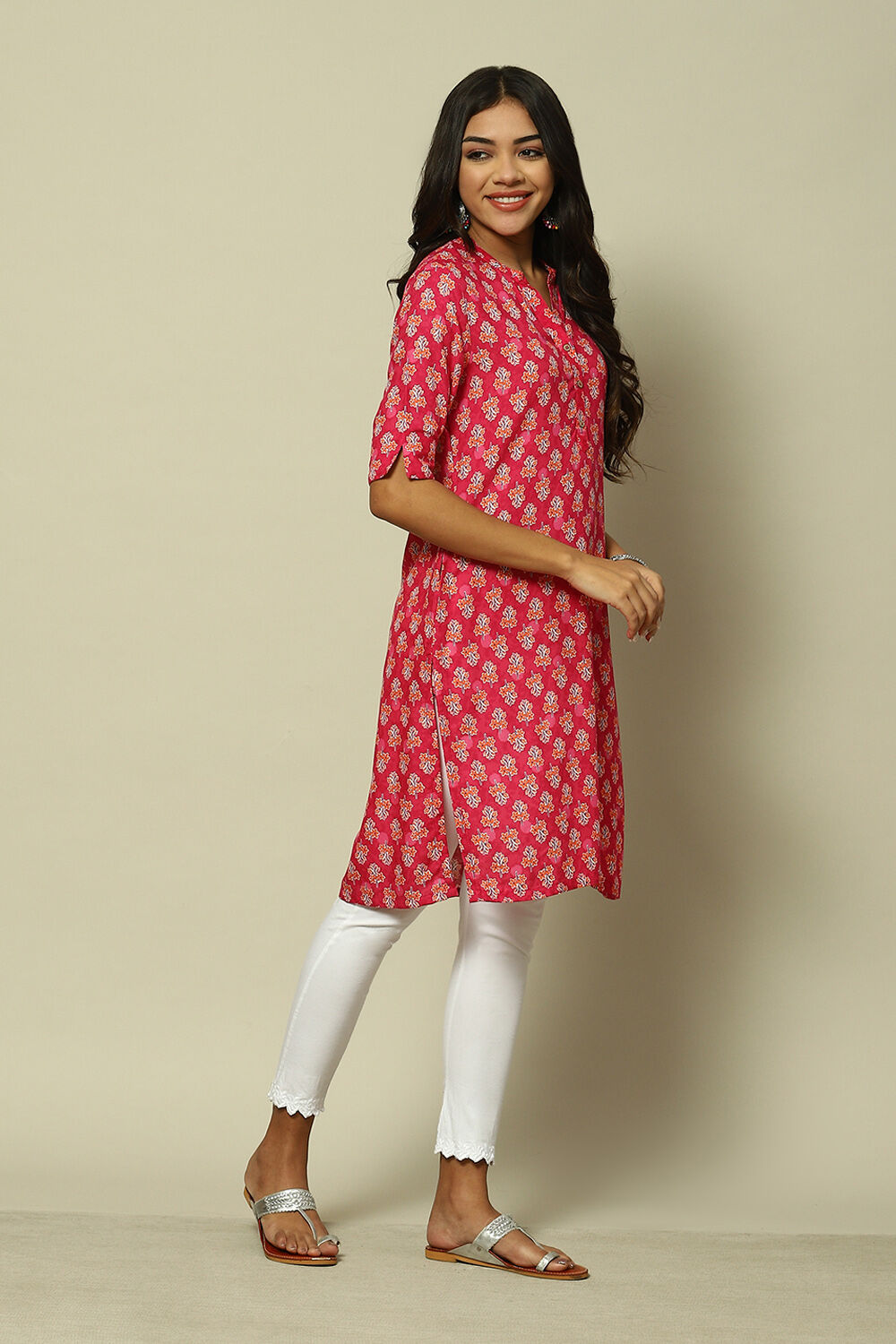 Pink LIVA Straight Printed Kurta image number 3