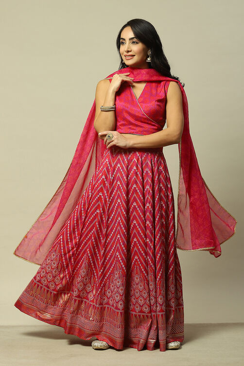 Pink LIVA Straight Printed Kurta Skirt Suit Set image number 0