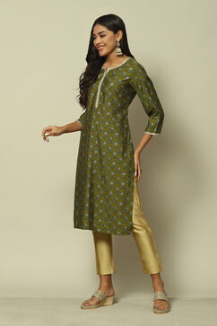 Green LIVA Straight Printed Kurta image number 2