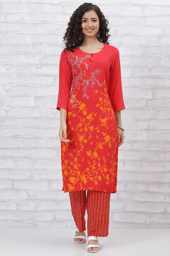 Red Viscose Straight  Kurta Pants Set image number 0