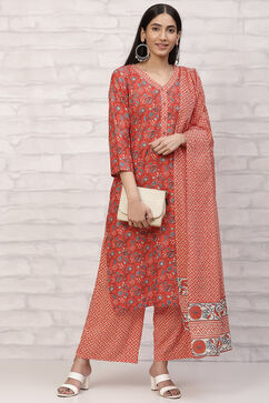 Orange Straight Printed Suit Set image number 7