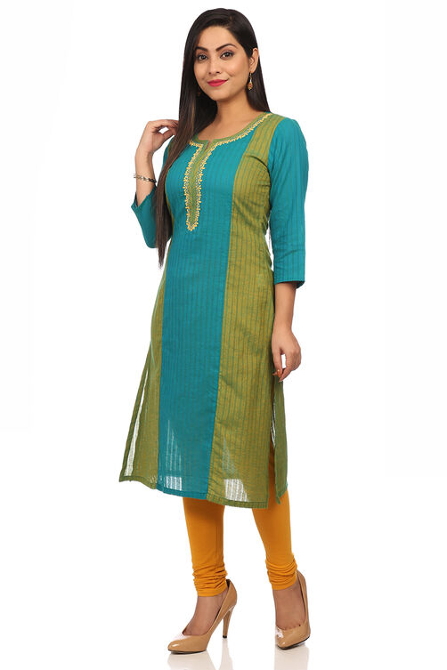 Green Straight Poly Cotton Kurta image number 2