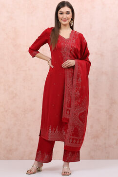 Red Art Silk Straight Suit Set image number 0