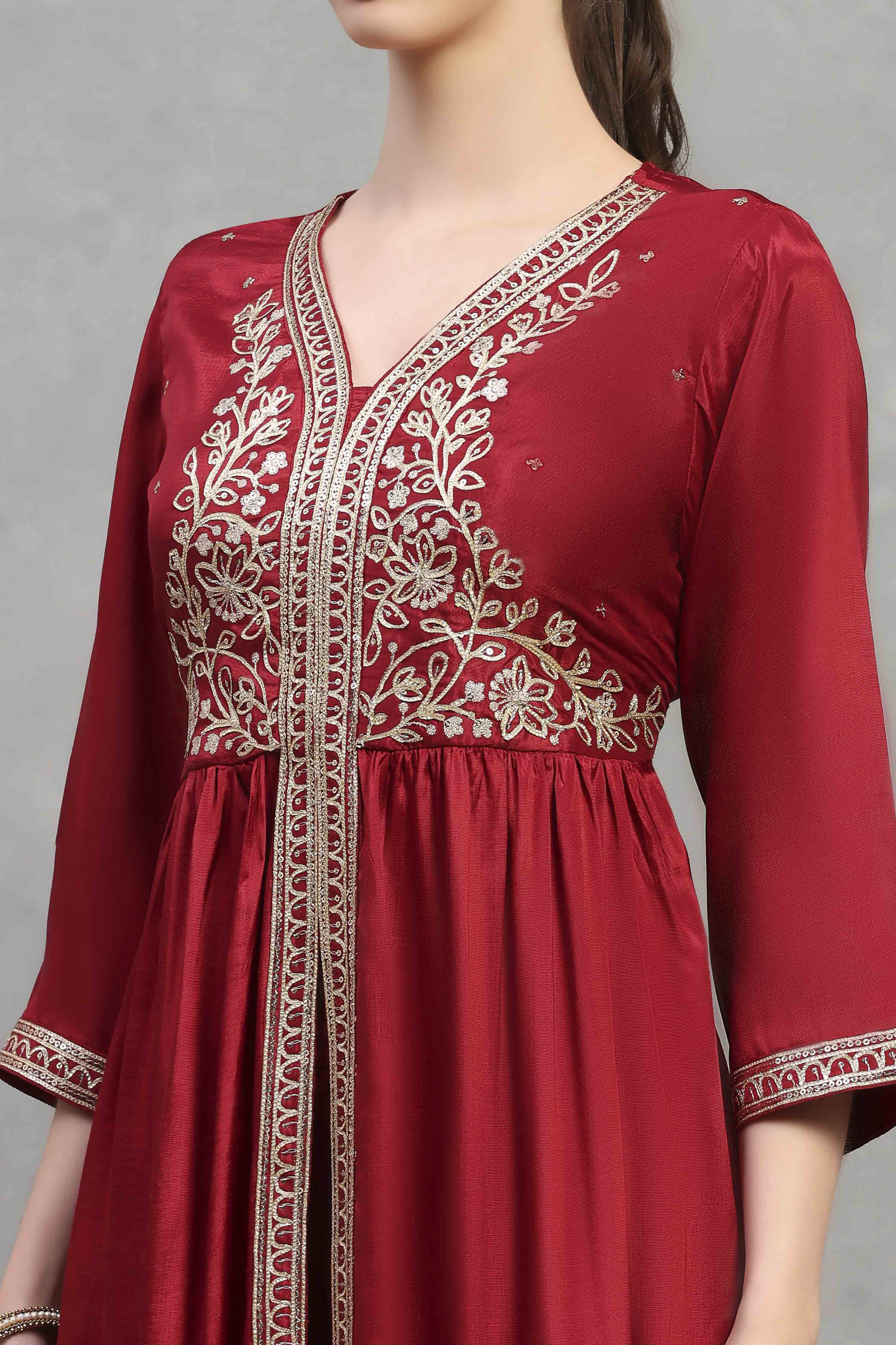 Red Viscose Rayon Embroidered Gathered Suit Set image number 1