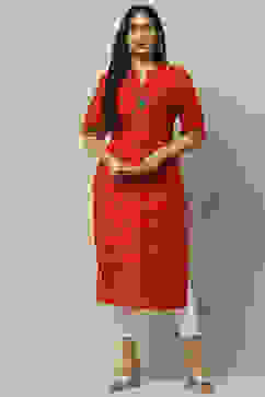 Red Cotton Staight Kurta image number 5