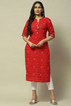 Red Cotton Staight Kurta image number 5