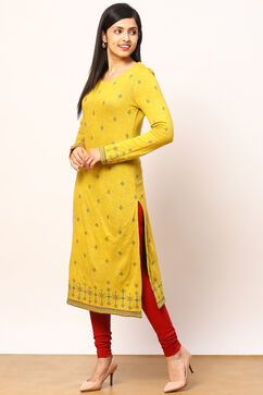 Mustard Jacquard Straight Kurta image number 2