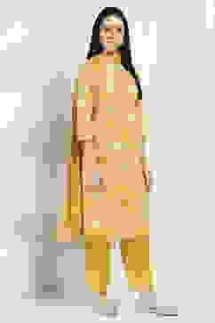 Yellow Cotton Floral Straight Suit Set image number 5