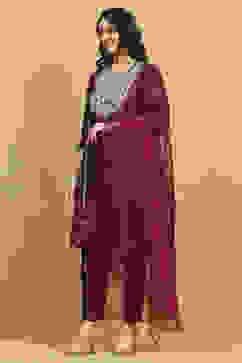 Wine Polyester Blend Solid Straight Suit Set image number 3