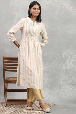 Rangriti Cotton yarn-dyed Straight Kurta in Beige