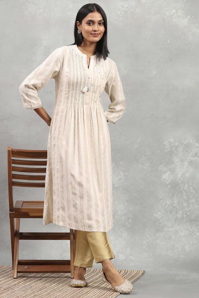 Rangriti Cotton yarn-dyed Straight Kurta in Beige