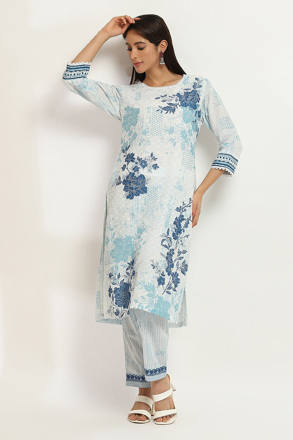 White and Blue Cotton Printed Regular Pants image number 0