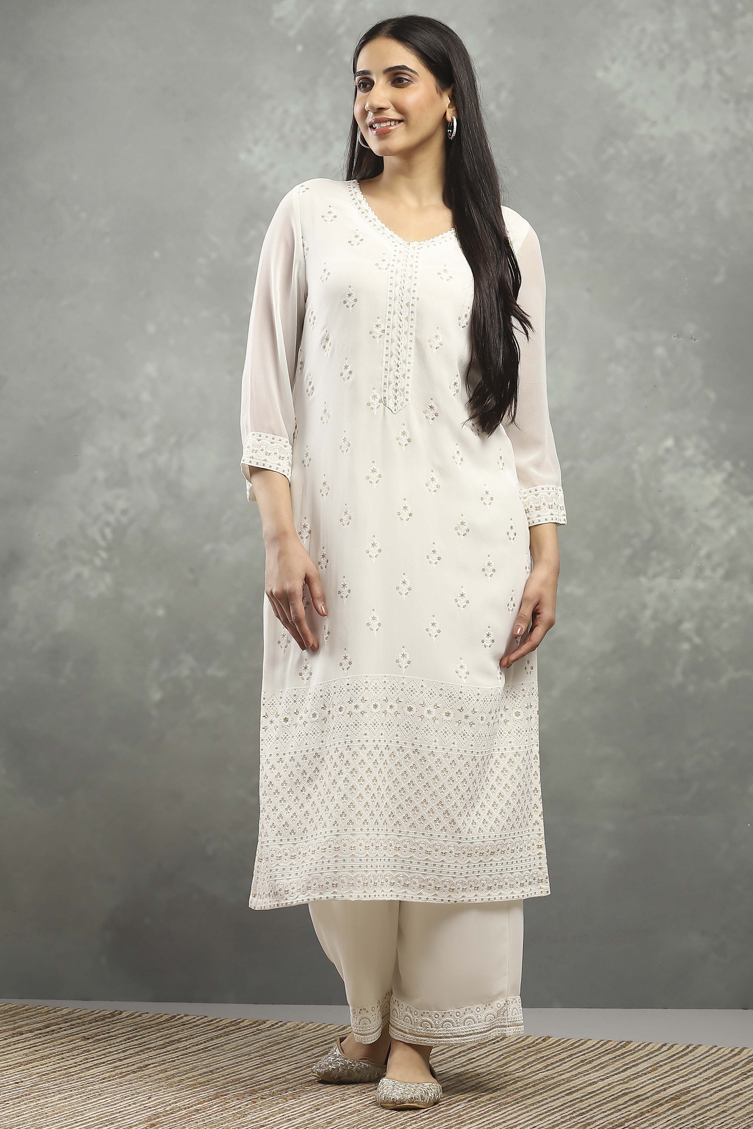 White Polyester Straight Kurta Pants Set image number 6