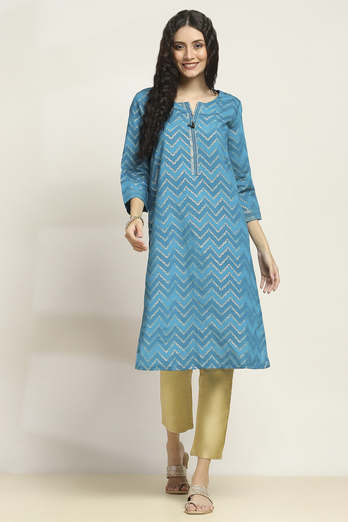 Aqua Viscose Blend Printed Straight Kurta image number 5