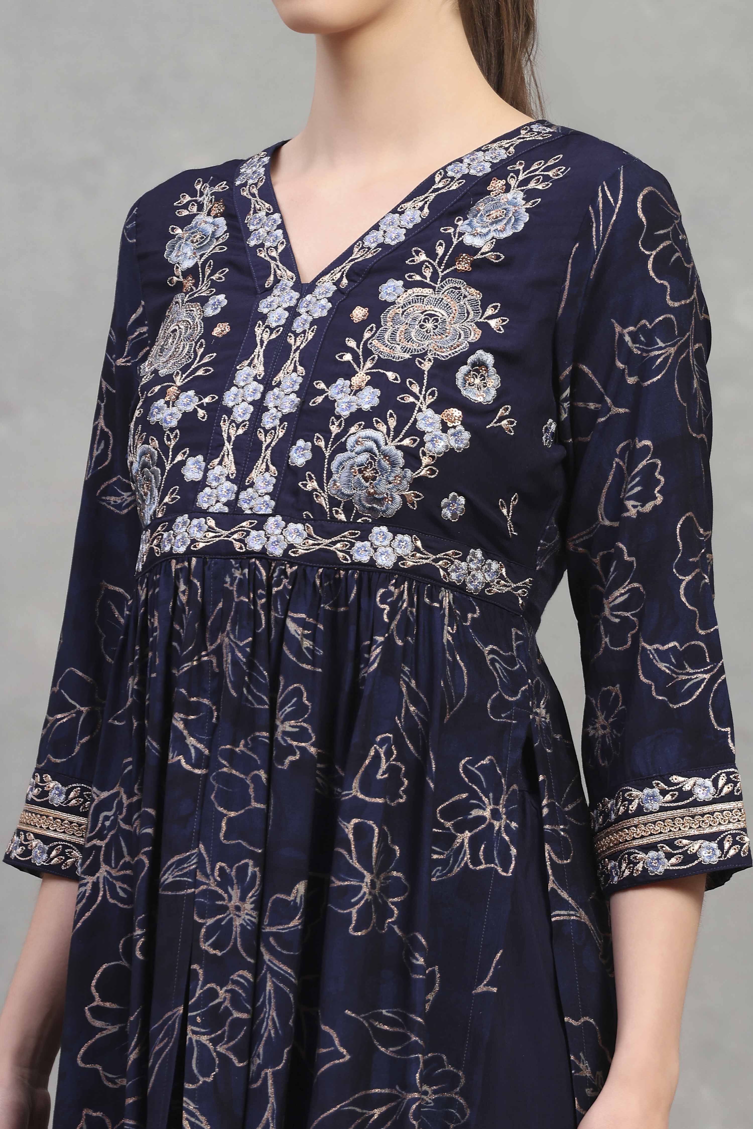 Indigo Blue Viscose Blend Printed Gathered Kurta Pants Set image number 1