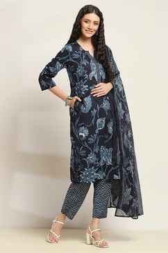 Navy Blue Cotton Floral Printed Straight Suit Set image number 5