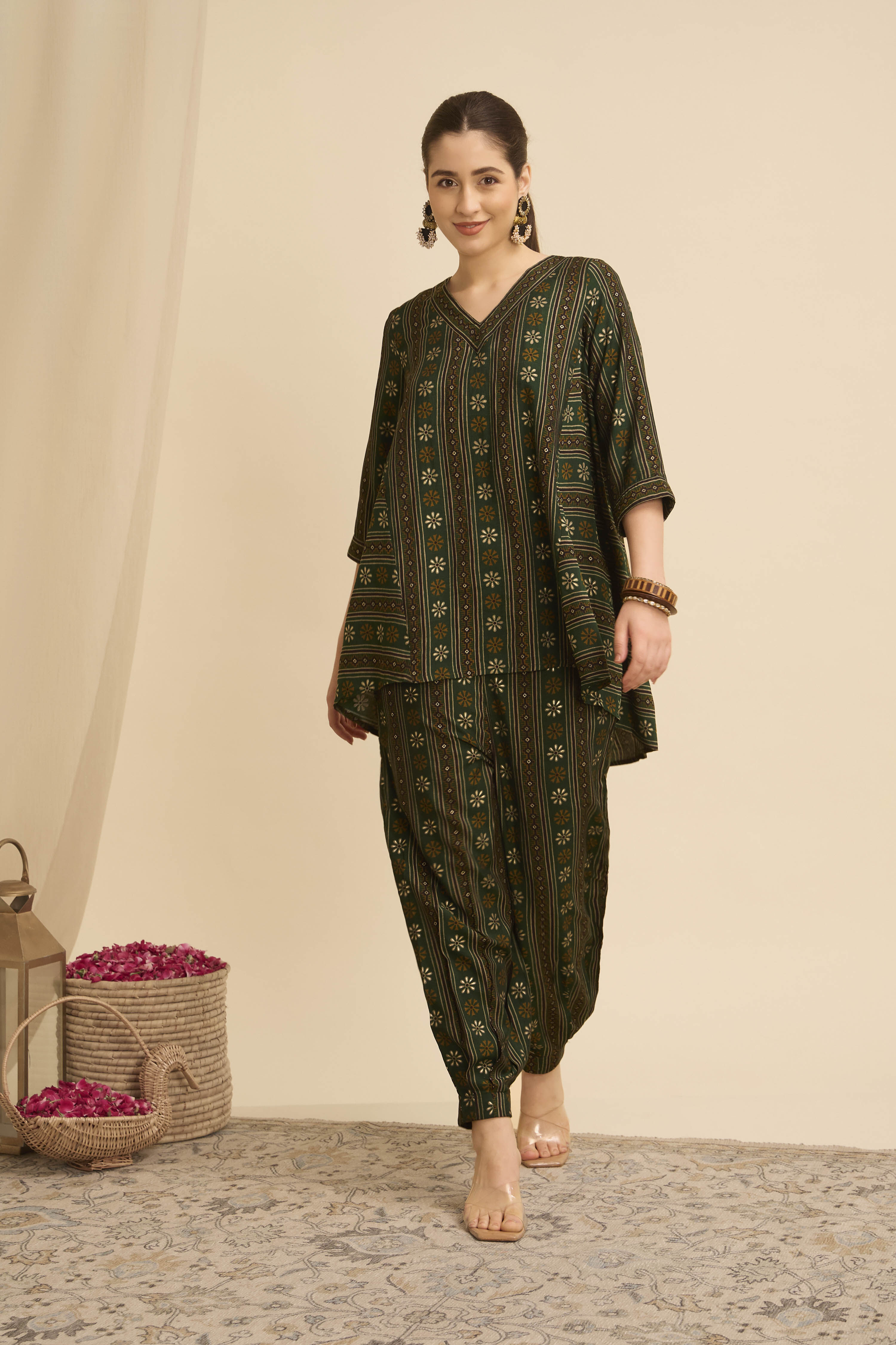 Green Viscose Blend Asymmetric Printed  image number 4