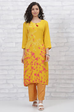 Yellow LIVA Straight  Kurta Pants Set image number 0
