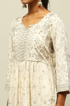 Off White Rayon Gathered Printed Kurta Palazzo Suit Set image number 1