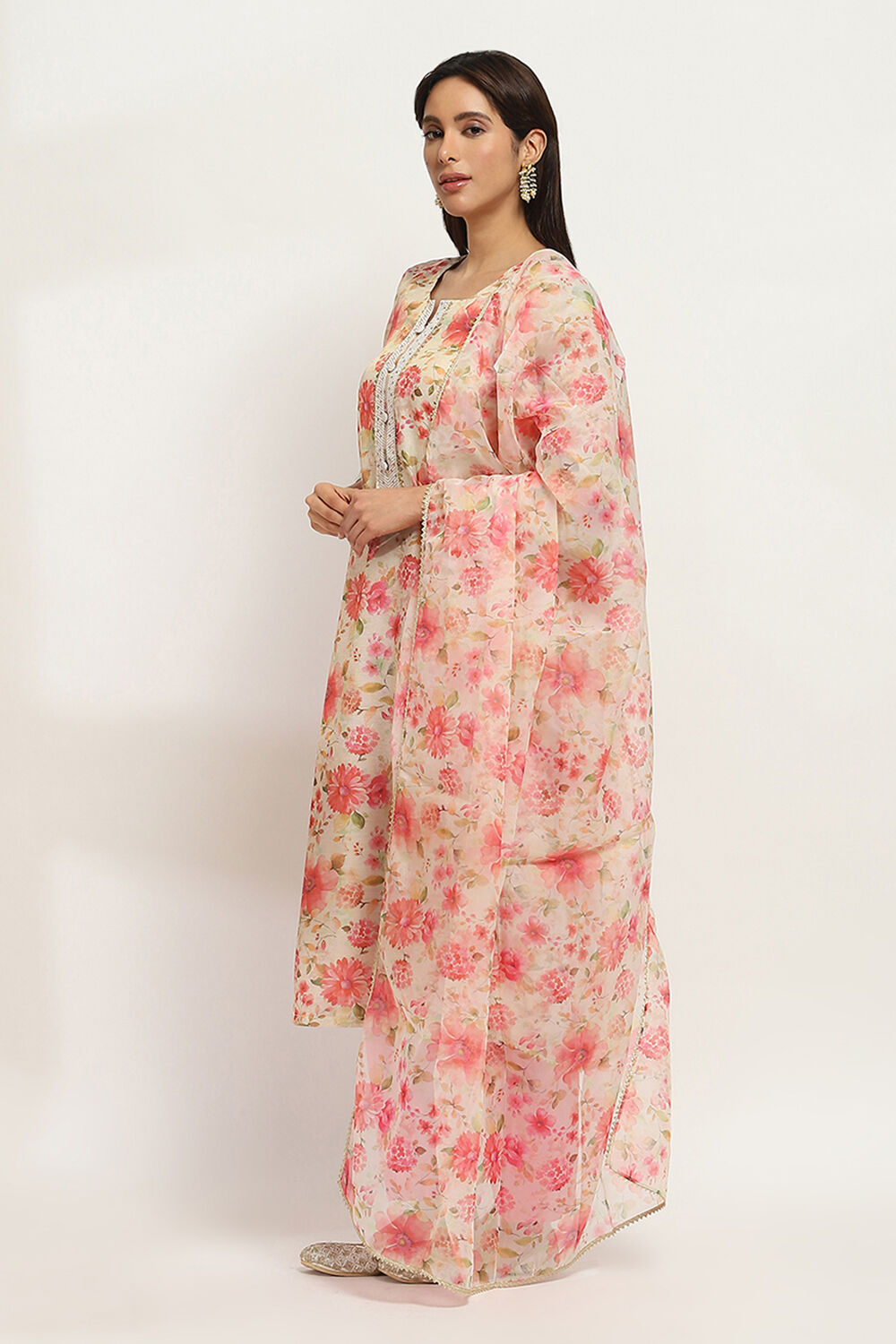 Beige and Pink Floral Straight Suit Set image number 3