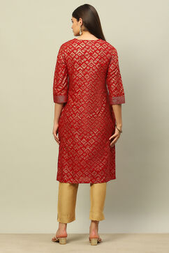 Red Cotton Printed Straight Kurta image number 3