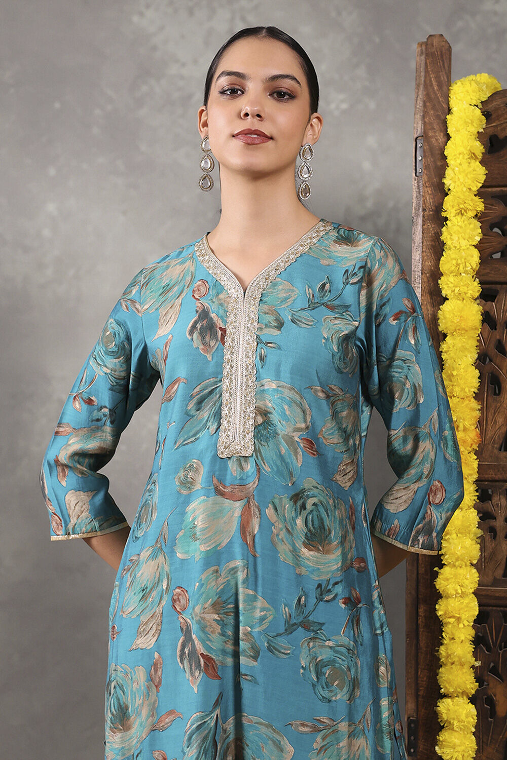 Aqua Viscose Blend Printed Straight Suit Set image number 1