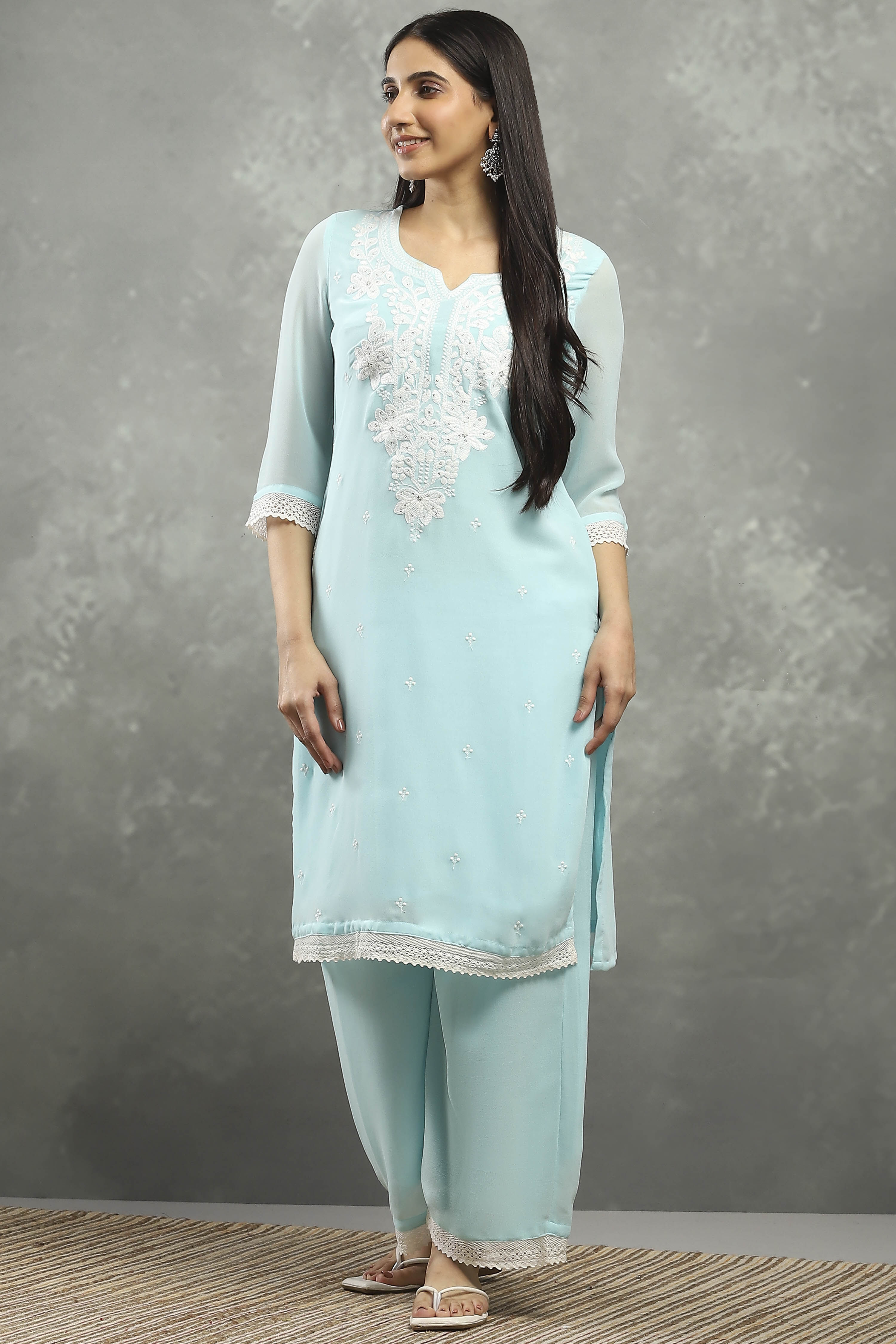 Sky Blue Polyester Straight Kurta Pants Set image number 0