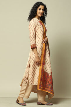 Off White Polyester Straight Printed Kurta Palazzo Suit Set image number 6