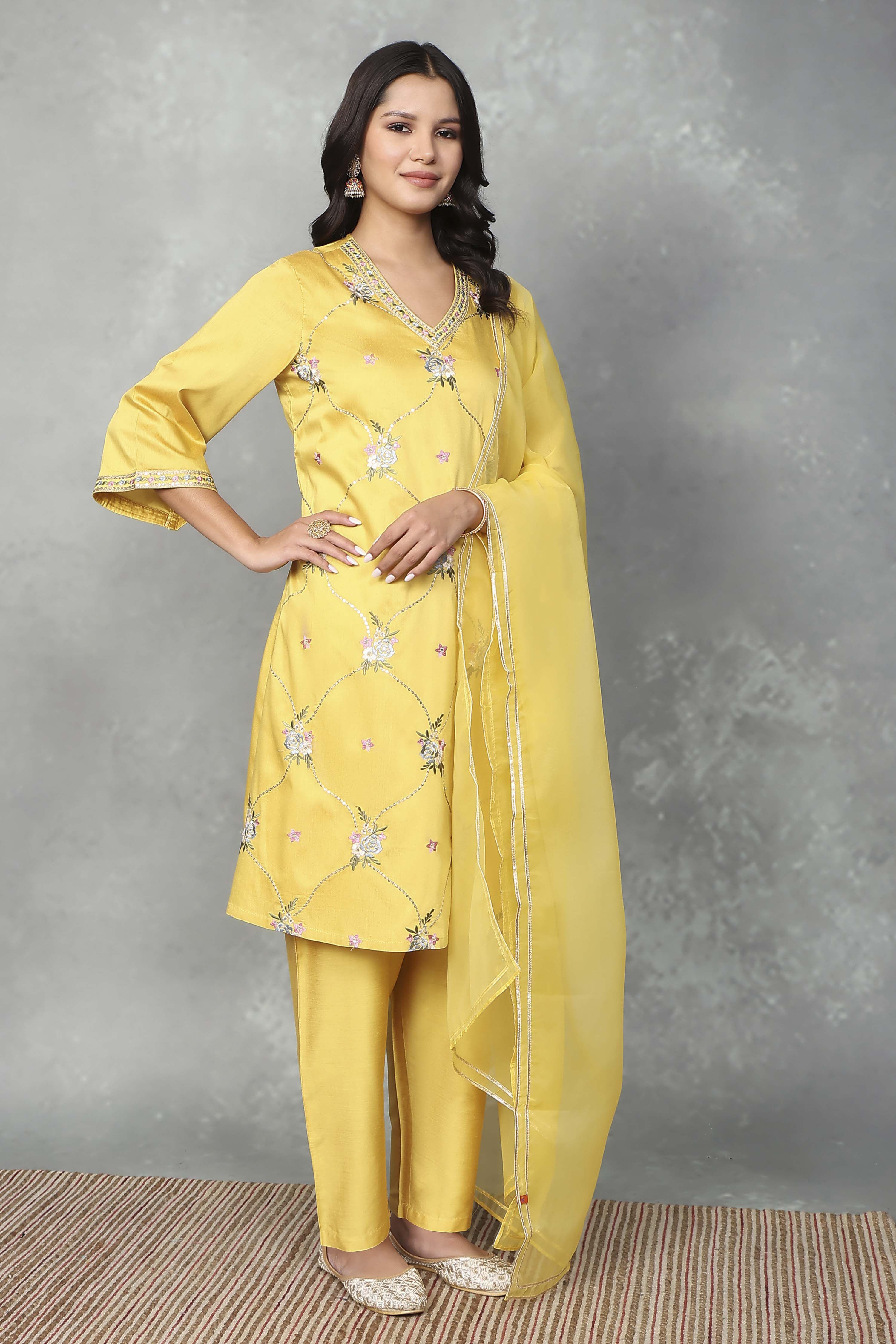 Yellow Viscose Blend Embroidered Straight Suit Set image number 5