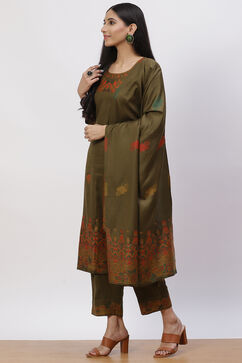 Olive Green Acrylic Straight Suit Set image number 2