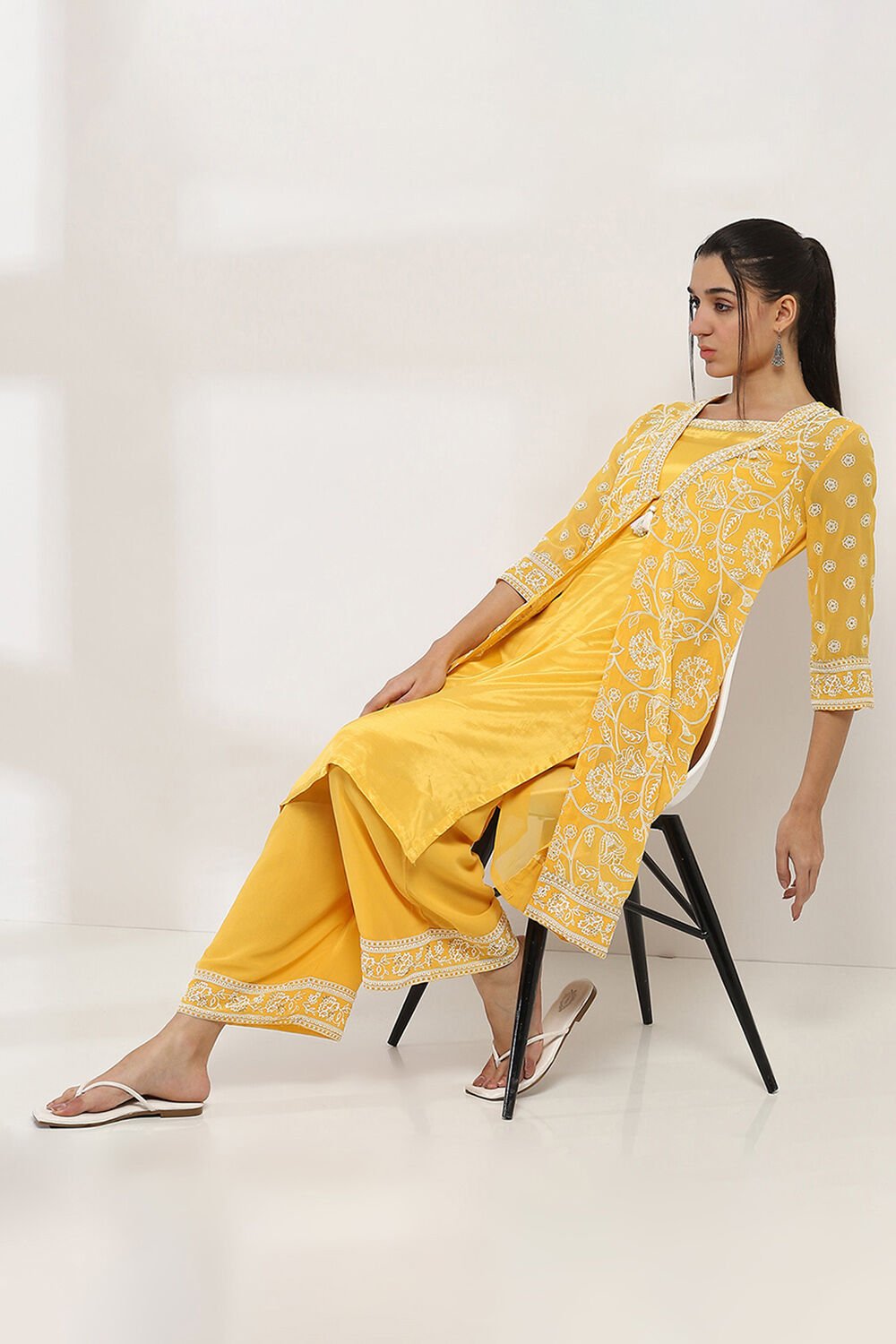 Mustard Yellow Printed Front-Open Kurta image number 0