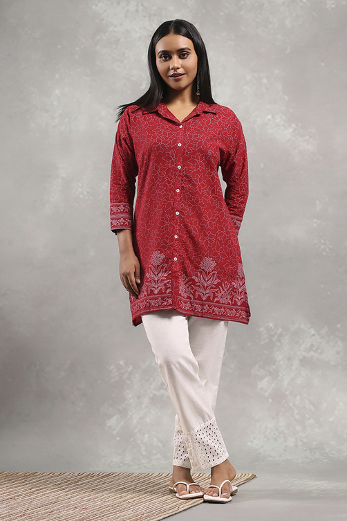 Red Cotton Printed Straight Top image number 5