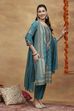 Emerald Green Viscose Blend Straight Printed  image number 4